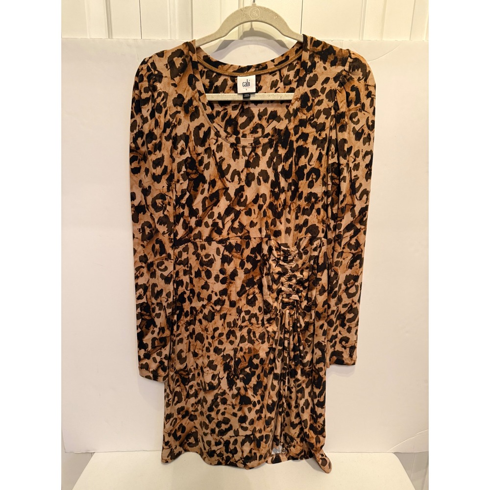 Cabi Selma Leopard Print Ruched Side Puff Shoulder Long Sleeve Dress Small